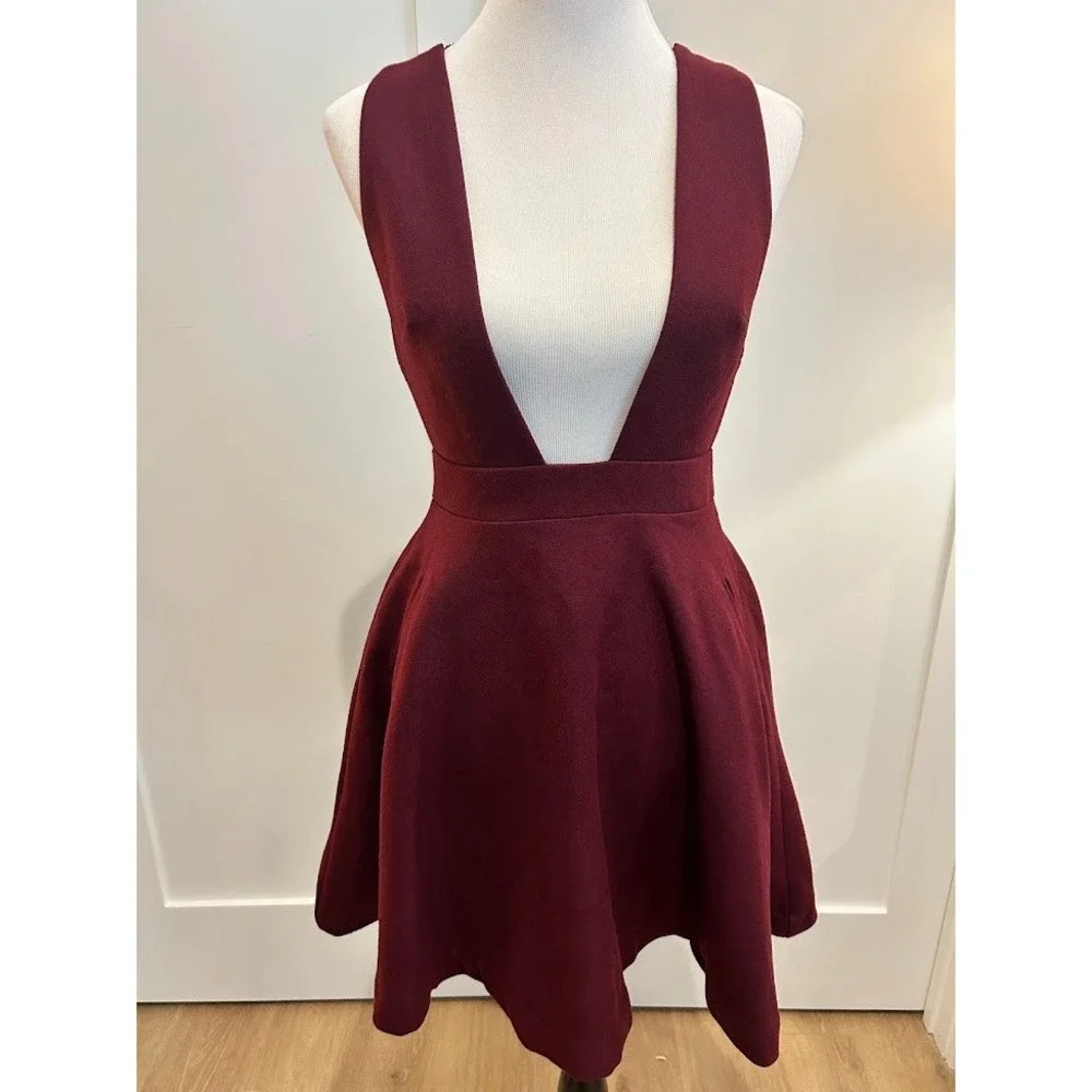 Burgundy Plunge V Neck Lace Trim Wool Dress Women's Schoolgirl Anime